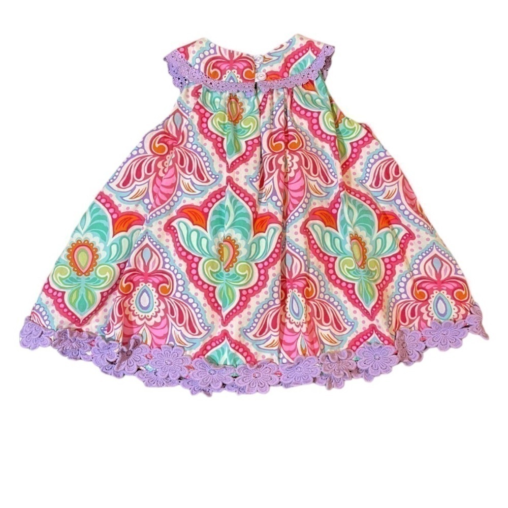 Counting Daisies Boho Multicolored Lined Crochet Trim Sundress Size 24 Months